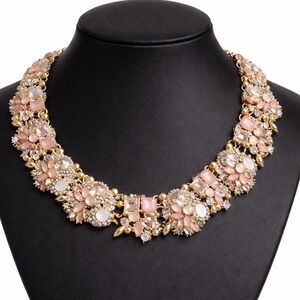 Pink Crystal Gold Tone Statement Bib Collar Necklace Floral Cluster Adjustable